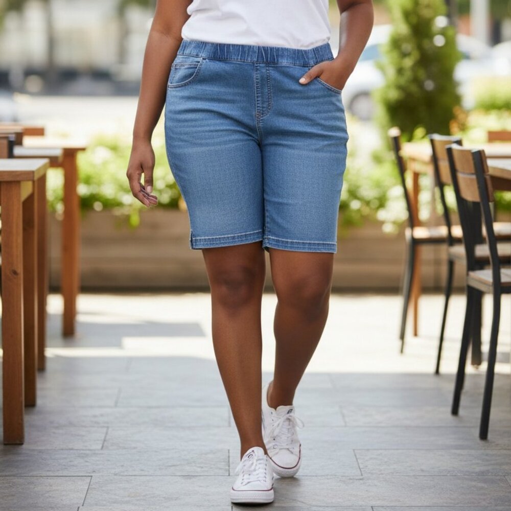 Terra & Sky Women's Plus Denim Shorts Bermuda 4X Pull On Stretch High Rise Blue - Picture 2 of 9